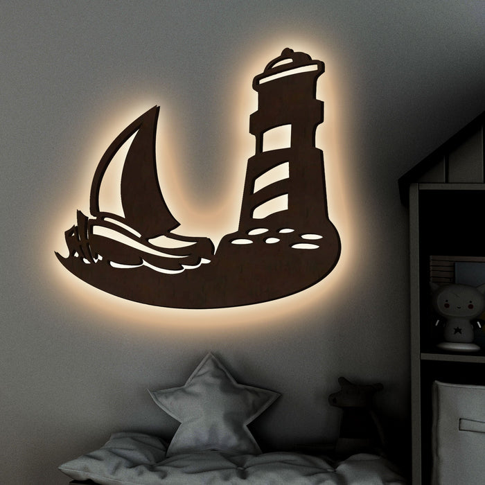 Sailboat Lighthouse Backlit Wooden Wall Decor with LED Night Light Walnut Finish