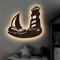 Sailboat Lighthouse Backlit Wooden Wall Decor with LED Night Light Walnut Finish - All India Decor