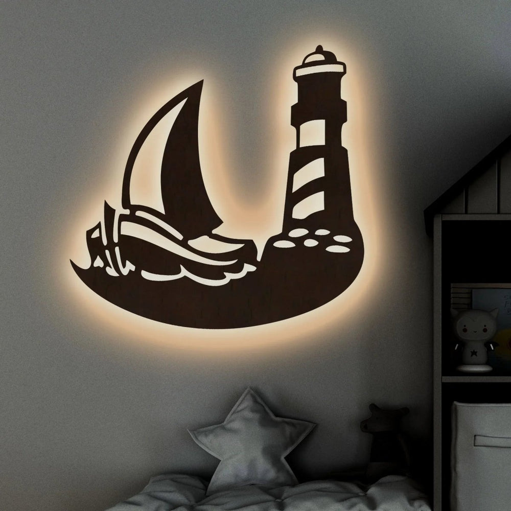 Sailboat Lighthouse Backlit Wooden Wall Decor with LED Night Light Walnut Finish - All India Decor