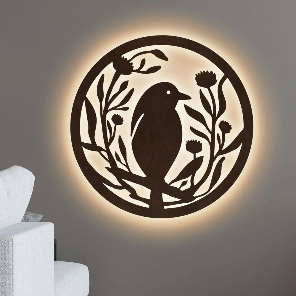 Beautiful Bird with Flower Round Backlit Wooden Wall Hanging with LED Night Light Walnut Finish - All India Decor