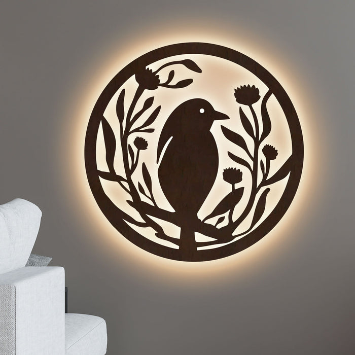 Beautiful Bird with Flower Round Backlit Wooden Wall Hanging with LED Night Light Walnut Finish