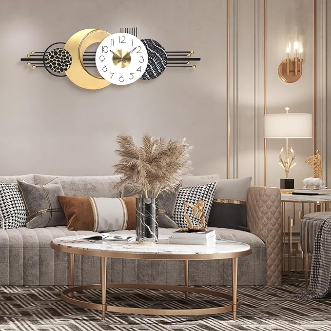 Modern living room with decorative wall clock, sofa, and coffee table.