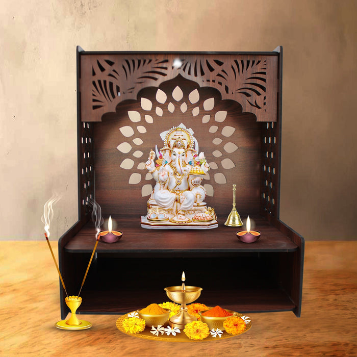 Designer Wooden Temple for Home with Spacious Shelf & Inbuilt Focus Lights