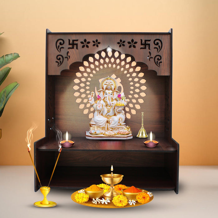 Luxurious Wooden Temple for Home, Office with Spacious Shelf & Inbuilt Focus Lights