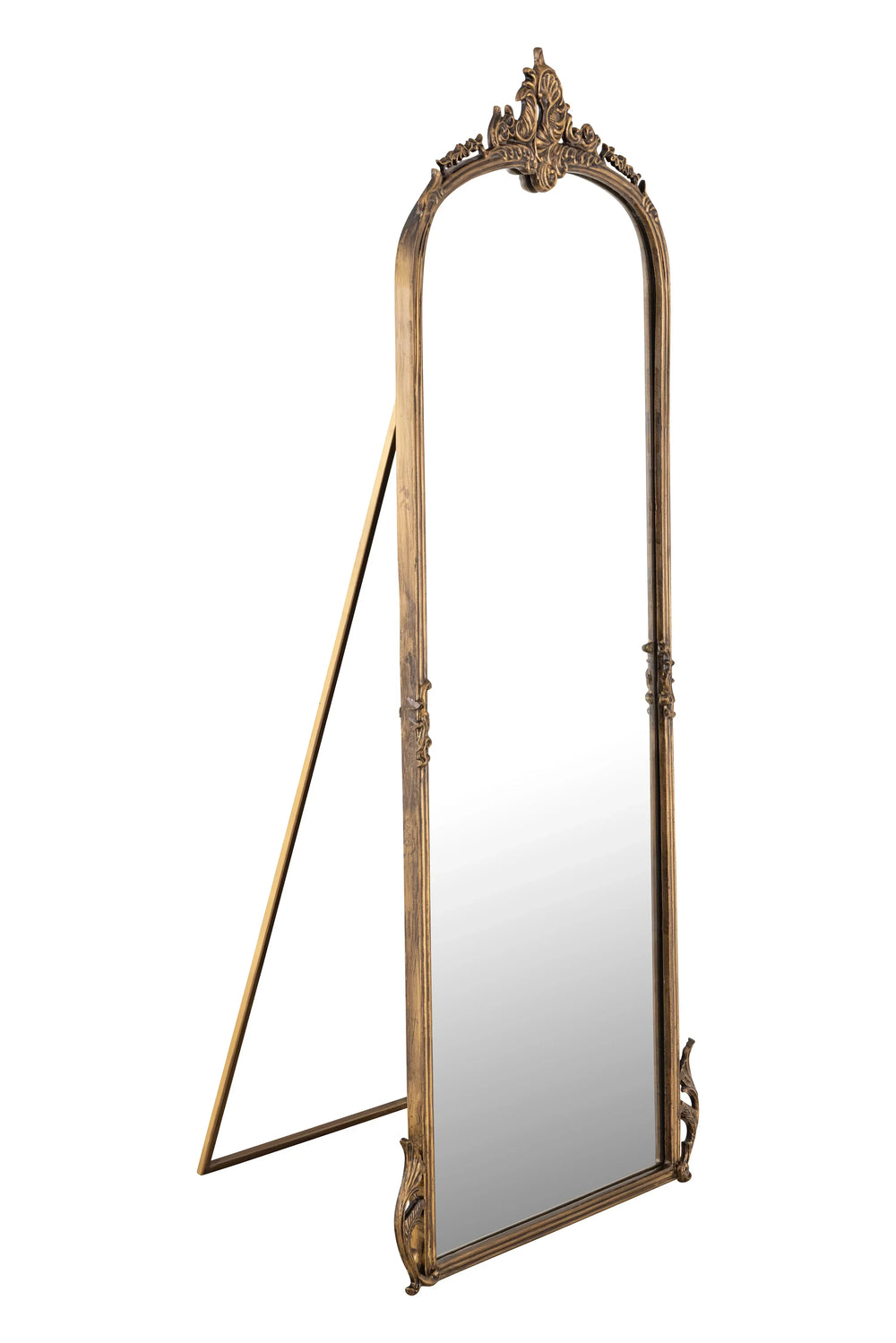 Decorative standing mirror with gold frame on a white background