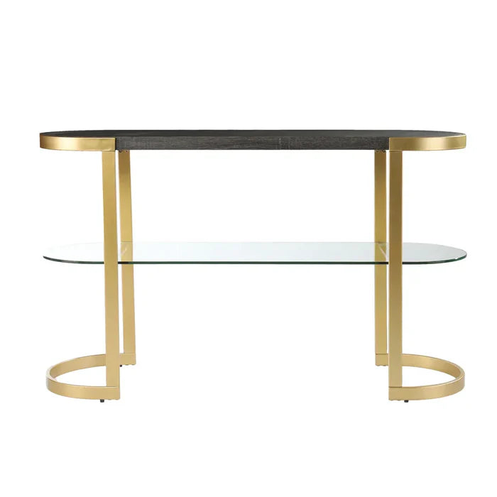 Two-tiered table with gold metal frame and black top on a white background