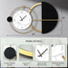 Decorative wall clock with marble design and gold accents, shown with measurements and details.