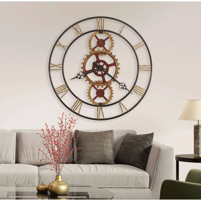 Large decorative wall clock with gear design in a living room setting.