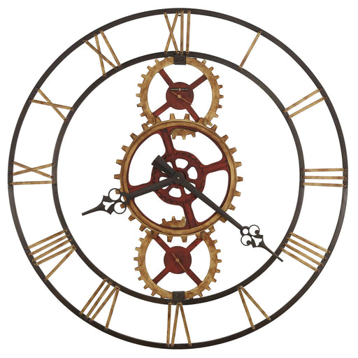 antique wall clock with mechanical gears and Roman numerals on a white background