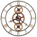 antique wall clock with mechanical gears and Roman numerals on a white background