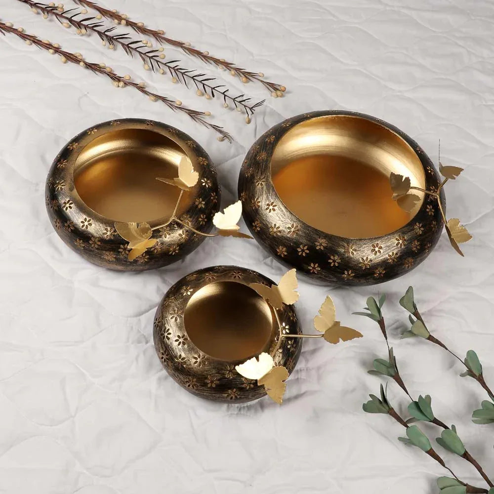 Black & Gold Metal Urli bowl Set of 3 - All India Decor