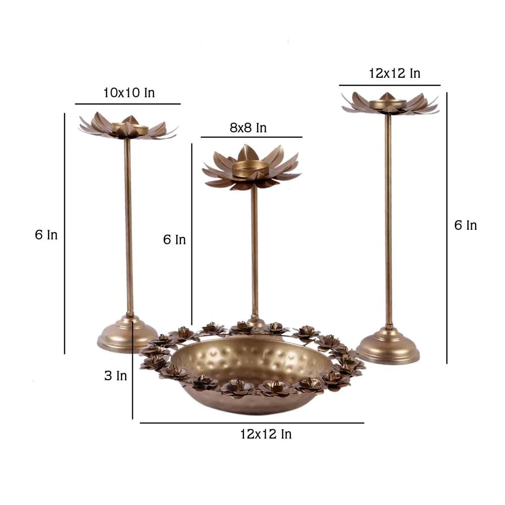 Rose Metal Urli Bowl with Detachable Tea light Stands Set of 4 - All India Decor