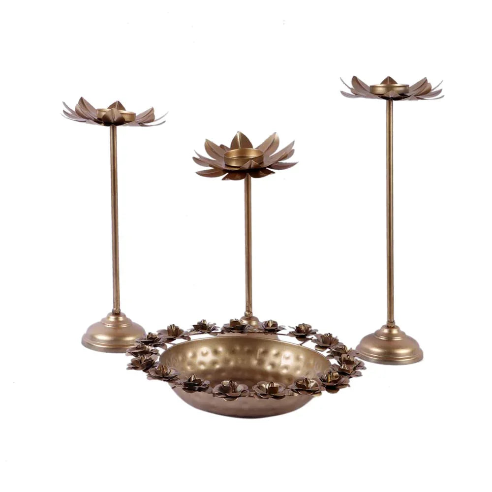 Rose Metal Urli Bowl with Detachable Tea light Stands Set of 4 - All India Decor