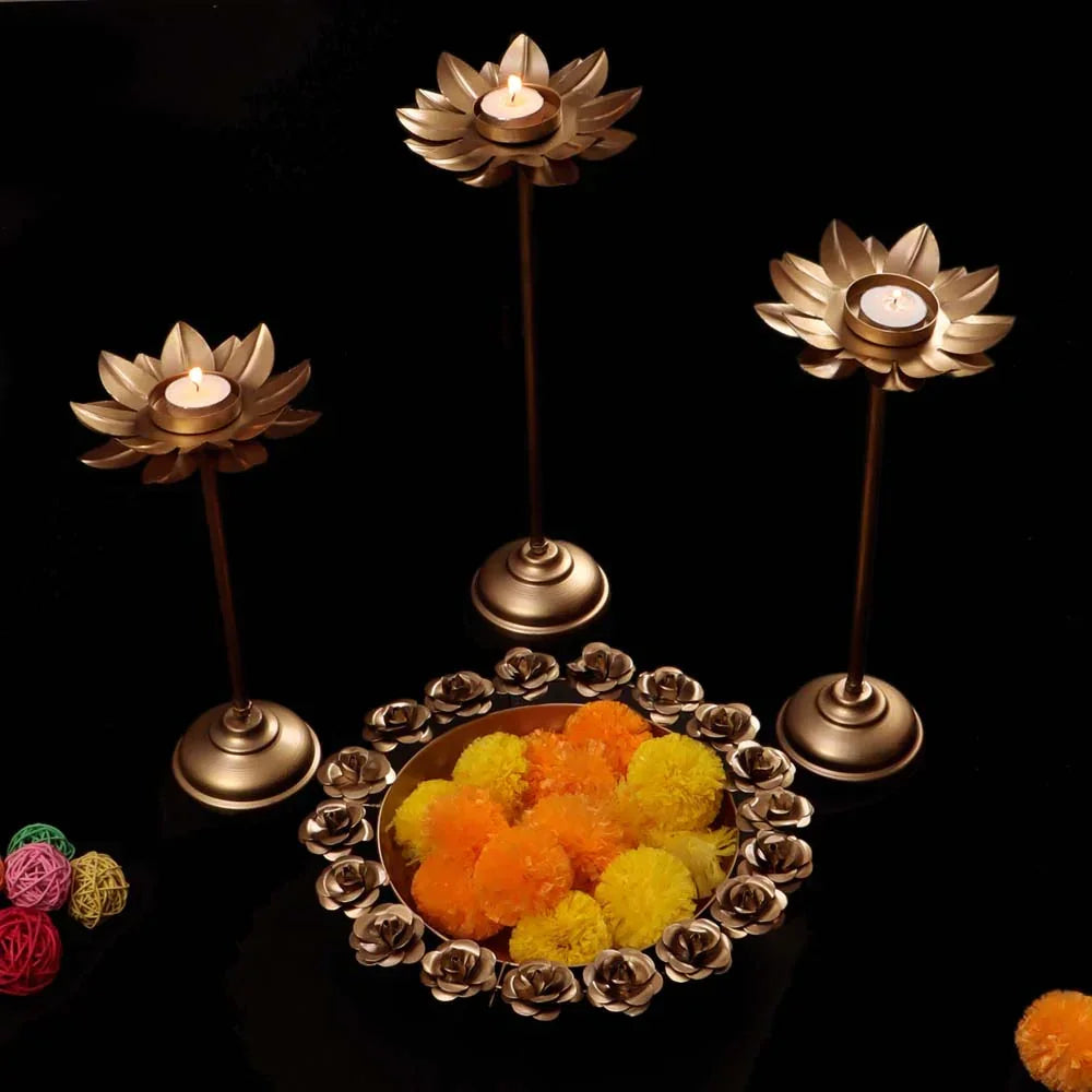Rose Metal Urli Bowl with Detachable Tea light Stands Set of 4 - All India Decor