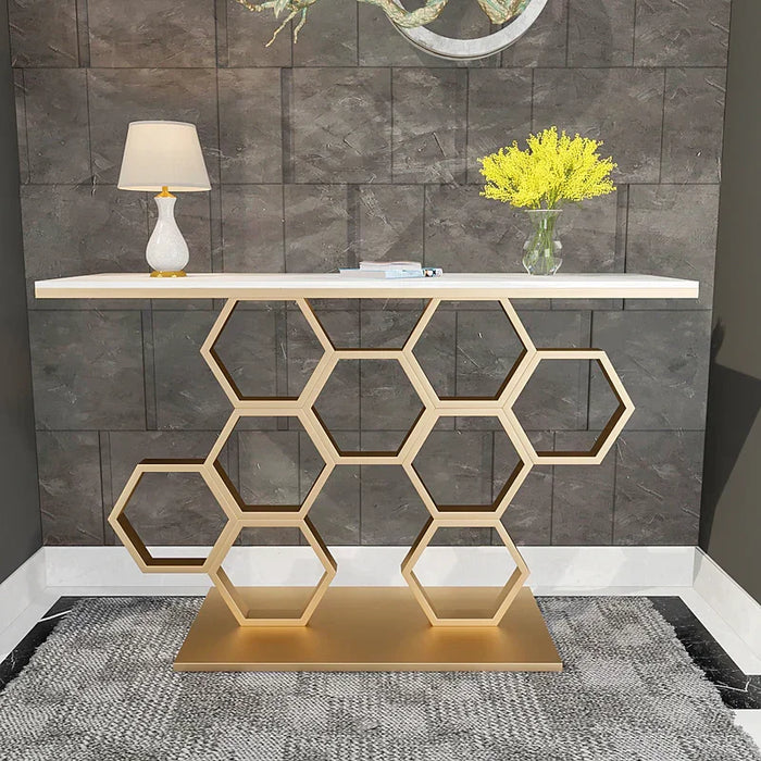 luxury Console table elegant design with against a gray tiled wall
