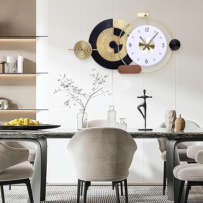 Modern dining room with a stylish wall clock and decor elements.