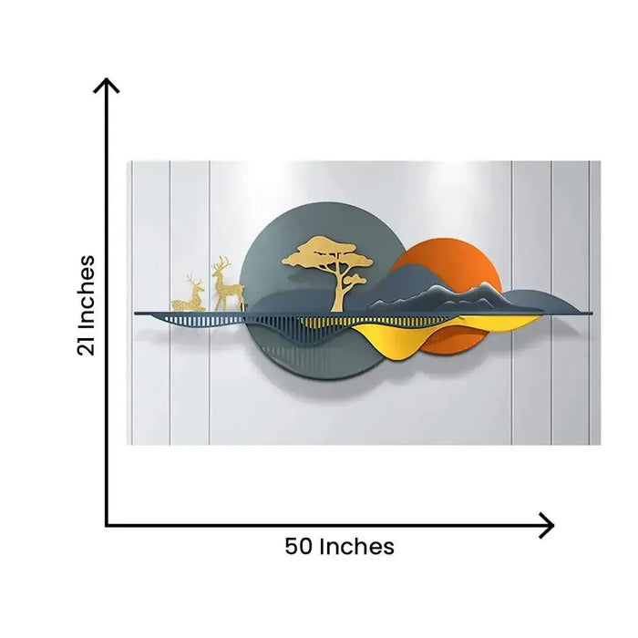 Metal wallart with landscape design and measurements on a white background