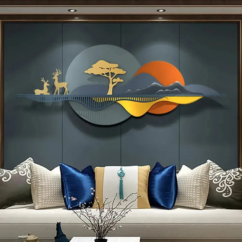 metal wallart wall art for living room with deer and landscape design.