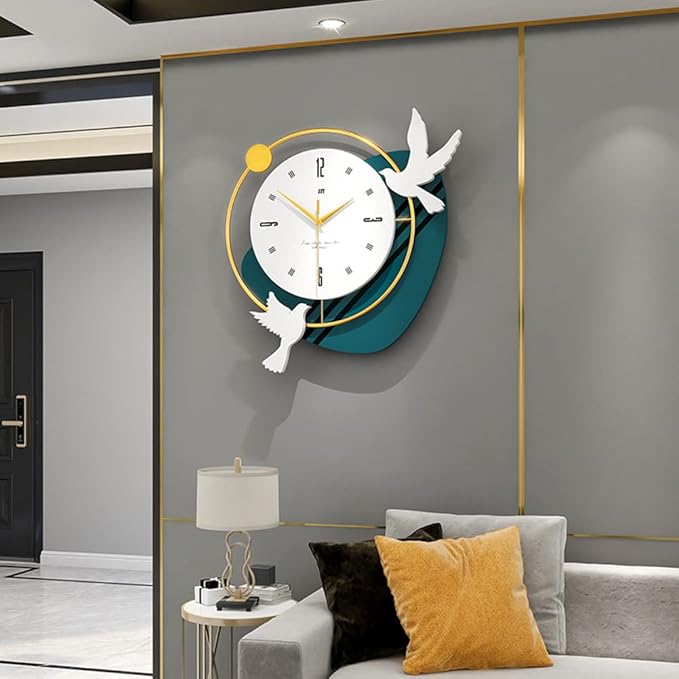 Decorative wall clock with bird designs on a gray wall above a sofa.