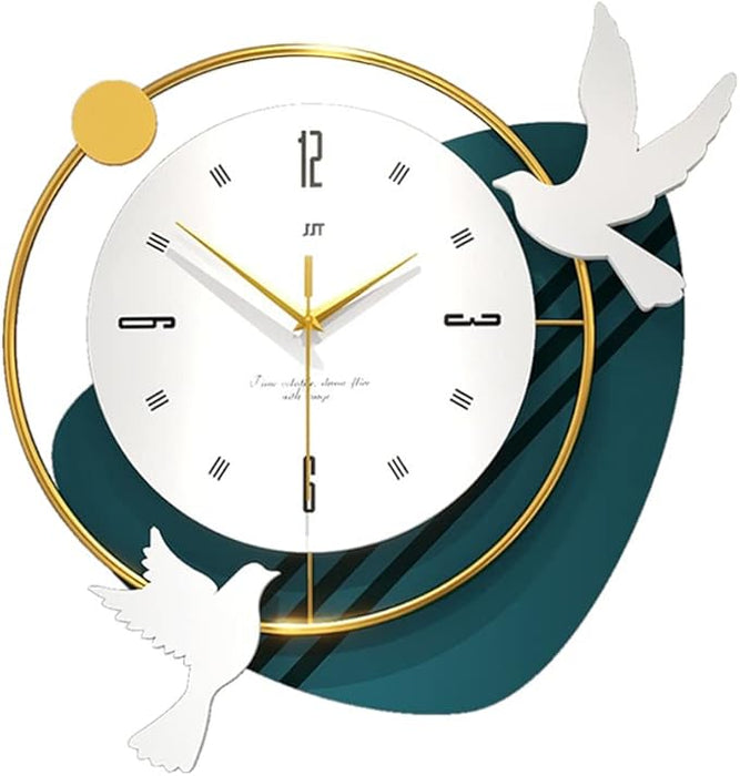 Decorative wall clock with gold accents and white birds on a white background