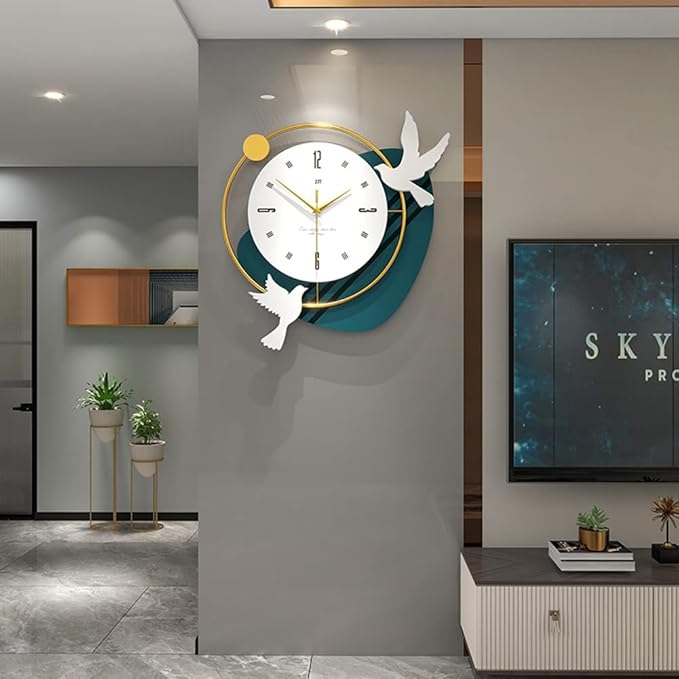 Modern wall clock with decorative elements on a gray wall in a stylish interior setting.