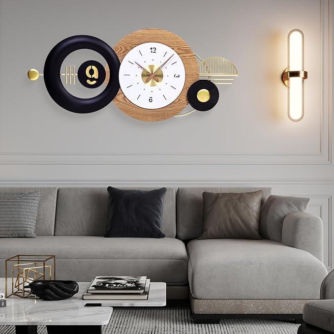 Modern living room with a stylish wall clock and decorative light fixture.