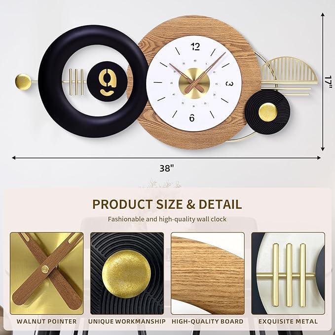 Decorative wall clock with wooden and black design, featuring measurements and product details.