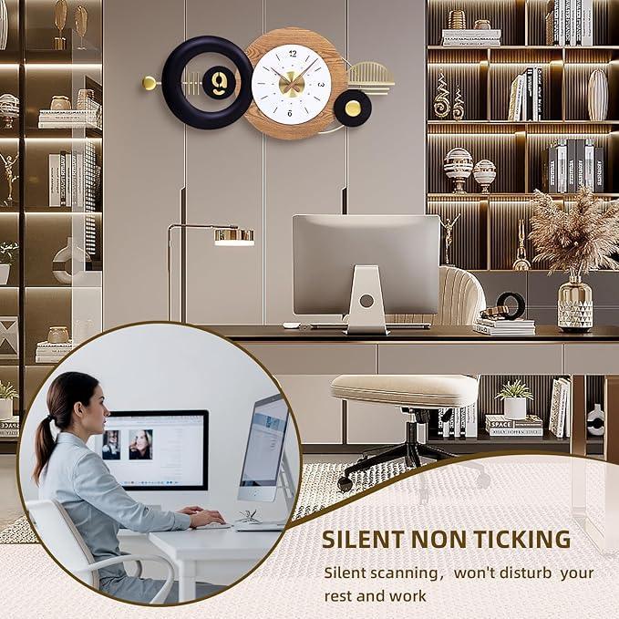 Modern office setup with a decorative wall clock and shelves.