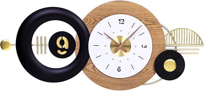 Modern wall clock with wooden and metallic design elements on a white background