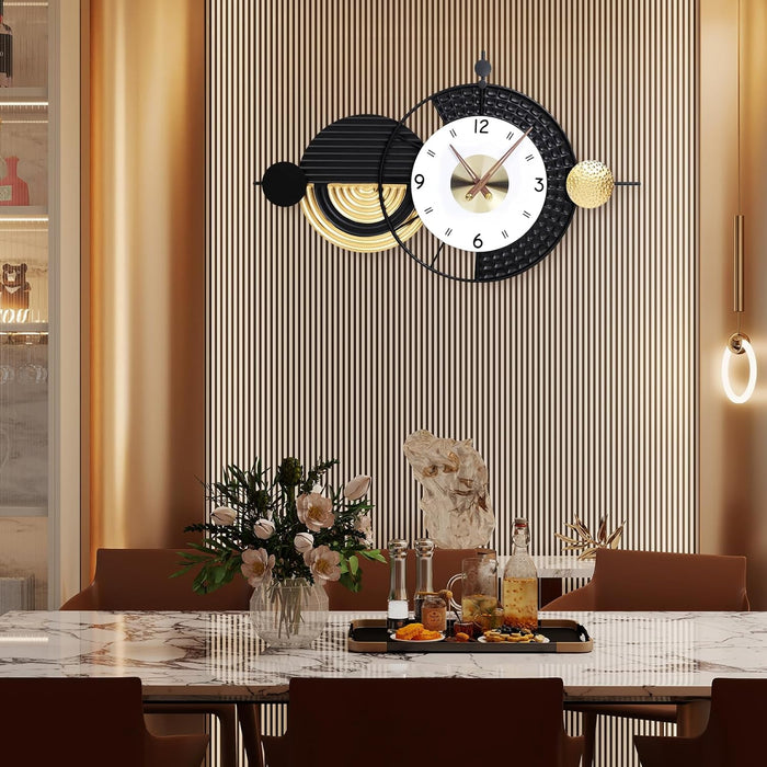 Decorative wall clock in a stylish dining room with a striped wall and table setting.