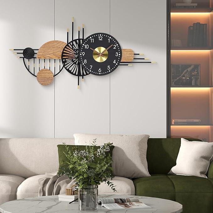 Decorative wall clock with gold accents on a living room wall
