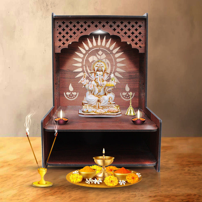 Beautiful Wooden Pooja Stand for Home Pooja Mandir for Wall Mounted with LED Spot Light