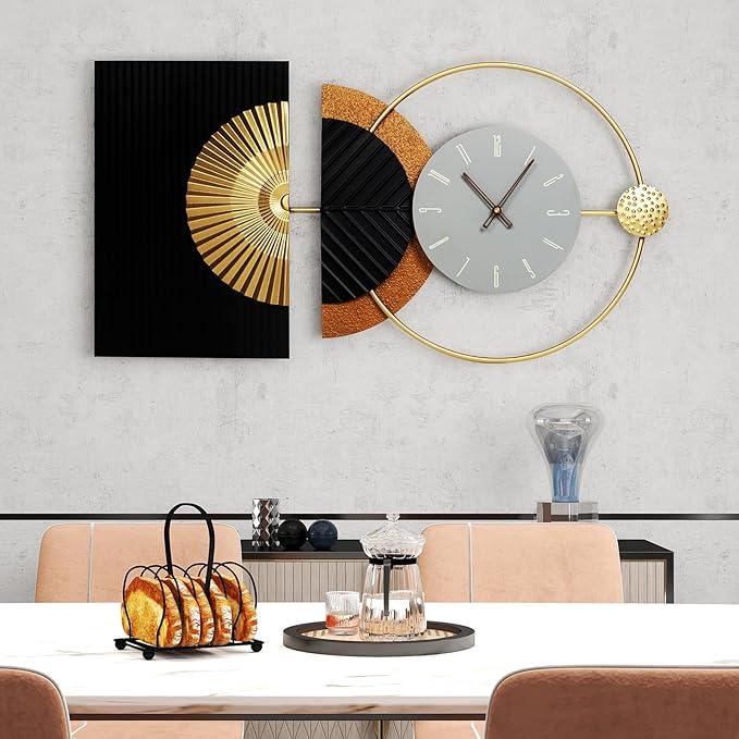 Decorative wall clock with artistic design on a dining room wall.