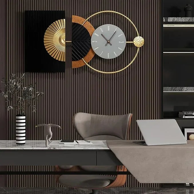 Modern office interior with a stylish wall clock, desk, and chair.