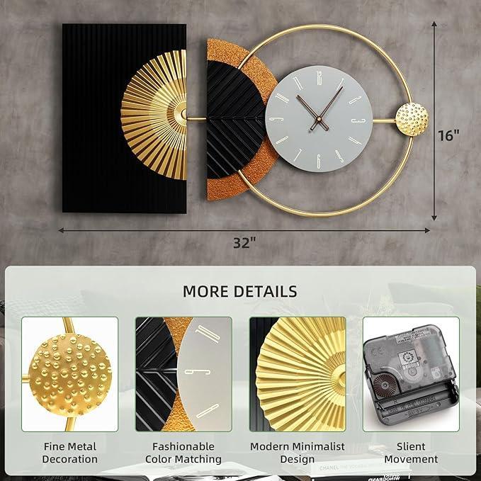 Decorative wall clock with gold and black design on a gray background