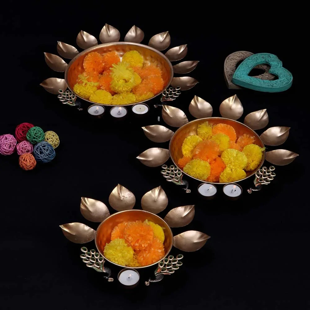 Metal Set of 3 Peacock Urli Bowl Tealight Holder - All India Decor
