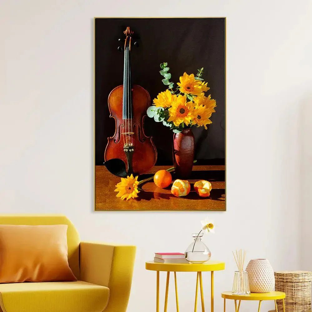 Breathtaking Still Life Painting of Violin & Yellow Gerbera Flowers - All India Decor