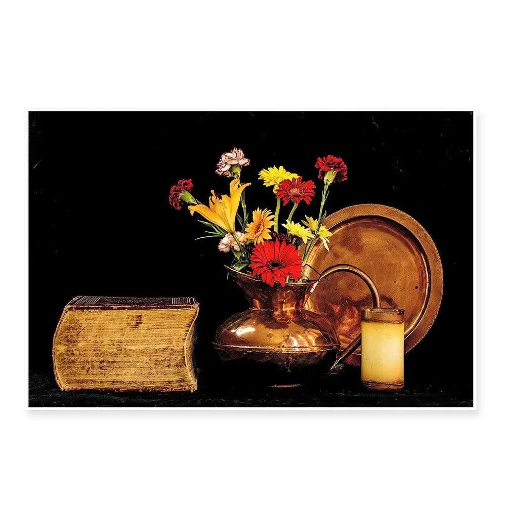 Stunning Still Life of Ancient Copper Vase & Flowers - All India Decor