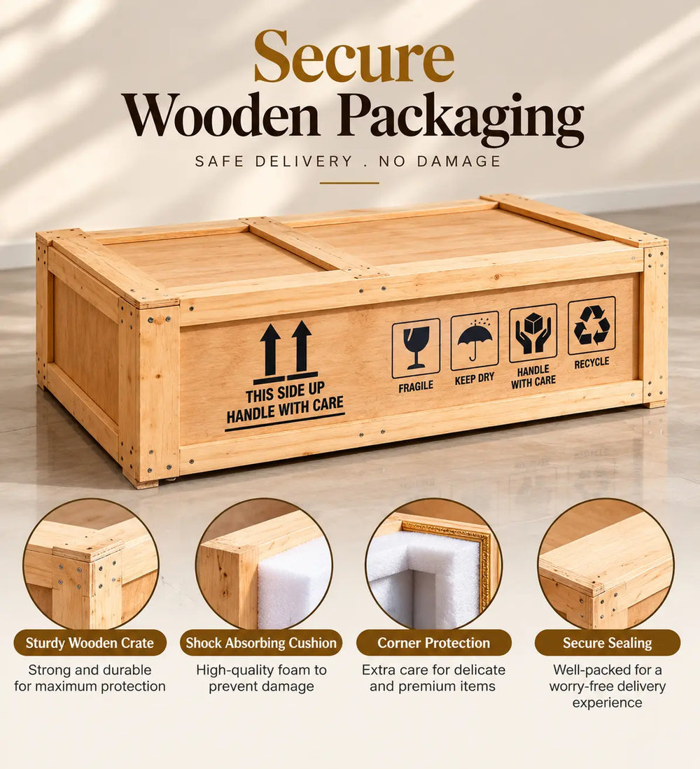 A wooden shipping crate with printed handling icons and text, shown under the headline 'Secure Wooden Packaging.' Below the main crate are four circular close-up callouts highlighting features such as sturdy wooden construction, shock-absorbing cushion, corner protection, and secure sealing.