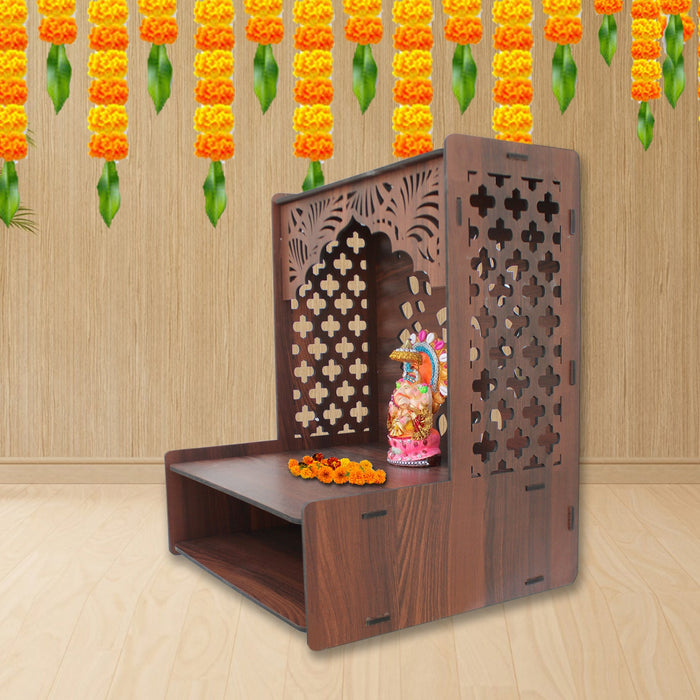 Designer Wooden Temple for Home with Spacious Shelf & Inbuilt Focus Lights