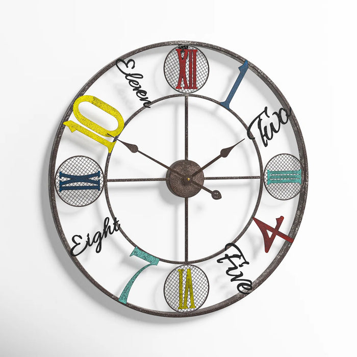 vintage wall clock with colorful numbers and Roman numerals on a white background