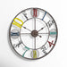 vintage wall clock with colorful numbers and Roman numerals on a white background