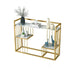 Gold-framed console table with marble top and decorative items on a white background