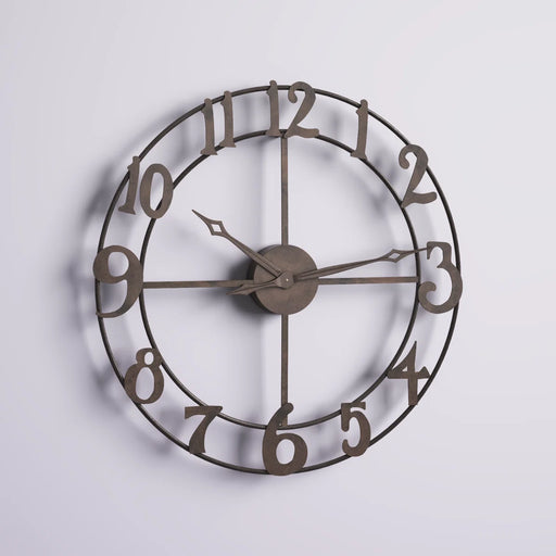 Bronze wall clock with large numbers on a light gray background