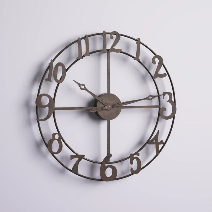 Bronze wall clock with large numbers on a light gray background