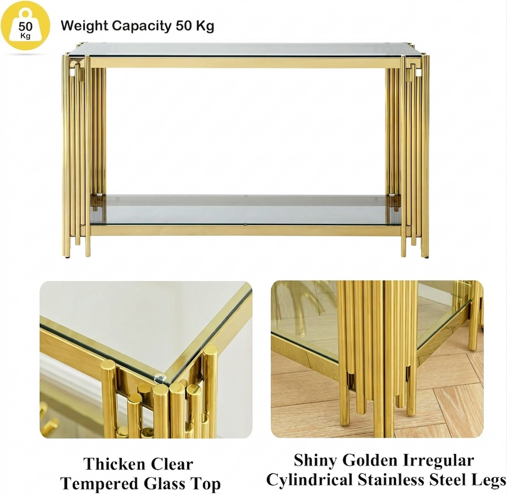 Gold console table with glass top and stainless steel legs, weight capacity 50 Kg.
