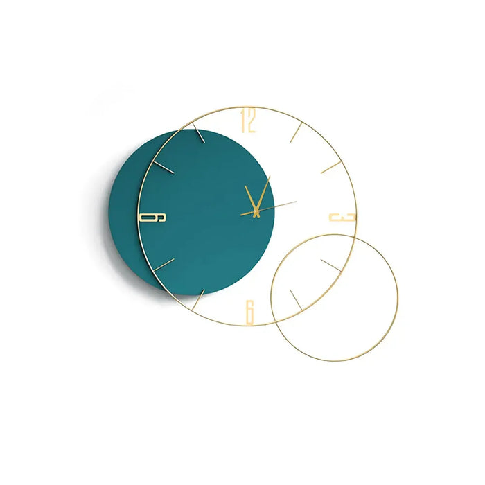 Teal wall clock with gold metal frame on a white background