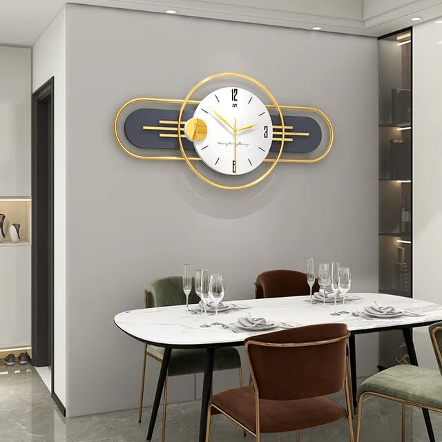 Modern dining room with a decorative wall clock on a gray wall.
