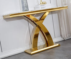 All India Decor Premium Console Table | Gold Finish X Shape with Marble