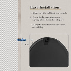 Instructions for installing a round mirror with screws on a neutral background